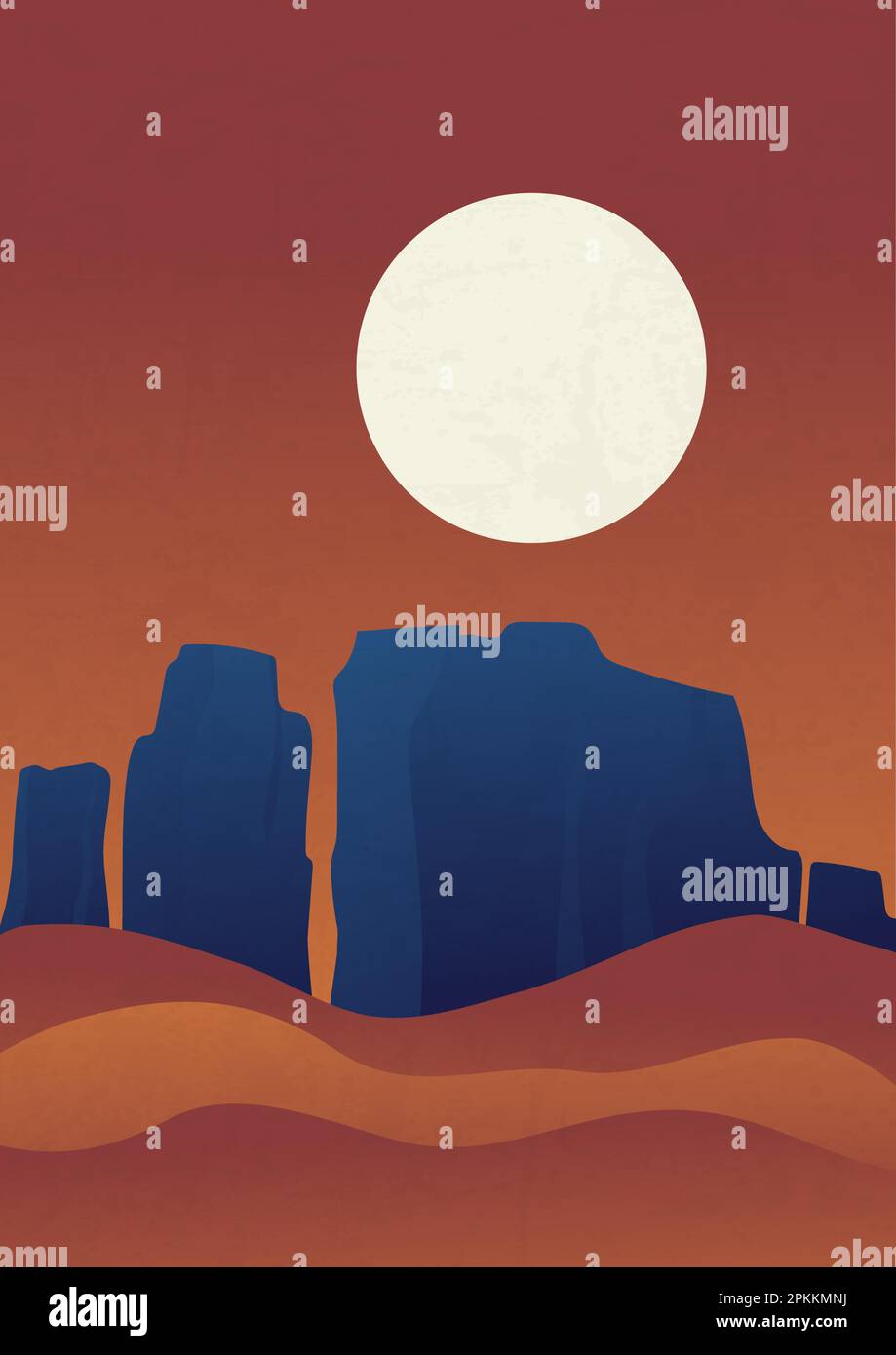 Night desert with mountains under full moon vector illustration poster ...