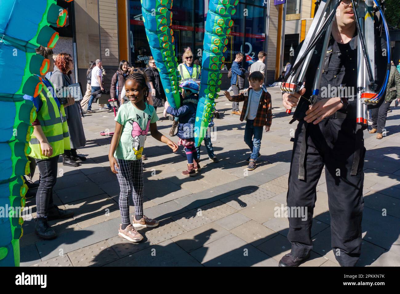 Newcastle upon Tyne, UK. 8th April 2023. Wor Seahorse Spectacle, an outdoor public parade as part of the Moving Parts Puppetry Festival in the city. Colourful entertainment on Easter Saturday on Northumberland Street by an inclusive, community project, incorporating Beasts on the Street wth The Living Fossils Company and Ocho the Octopus by Tim Davies Design. Stock Photo
