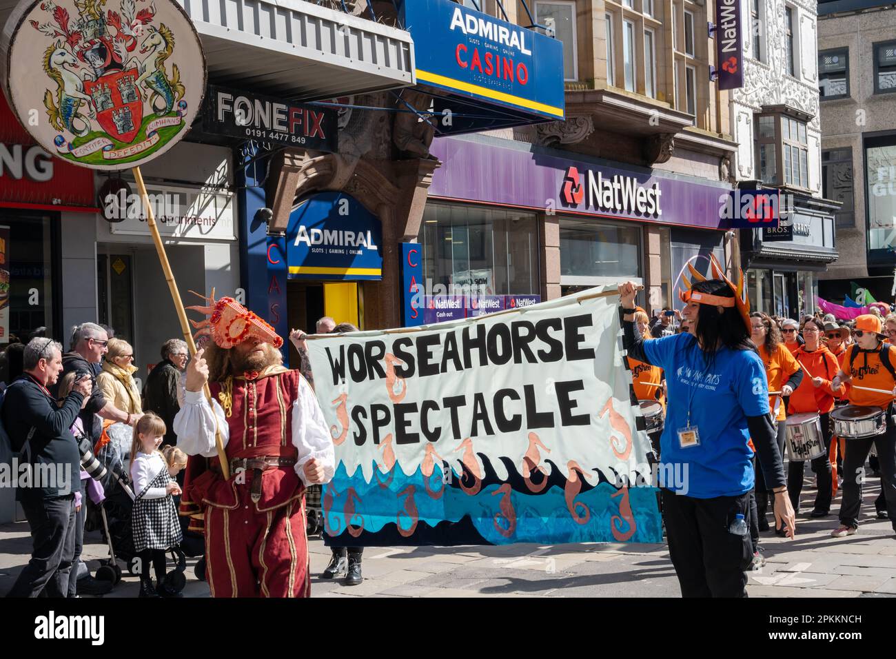 Newcastle upon Tyne, UK. 8th April 2023. Wor Seahorse Spectacle, an outdoor public parade as part of the Moving Parts Puppetry Festival in the city. Colourful entertainment on Easter Saturday on Northumberland Street by an inclusive, community project, incorporating Beasts on the Street wth The Living Fossils Company and Ocho the Octopus by Tim Davies Design. Stock Photo