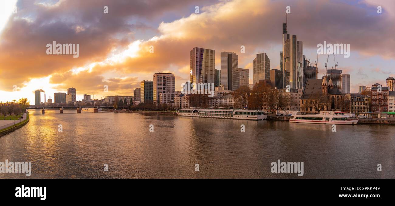View of city skyline and River Main at sunset, Frankfurt am Main, Hesse, Germany, Europe Stock Photo