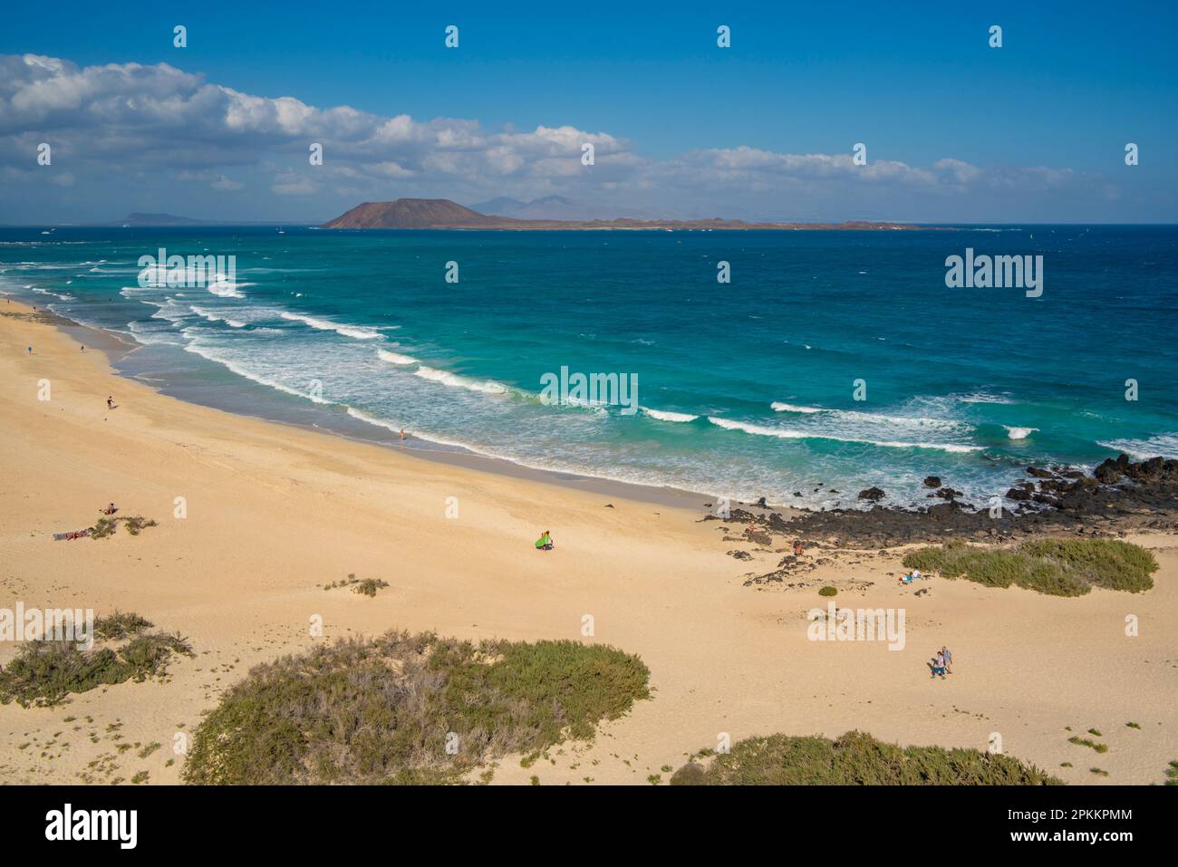 Elevated view of beach and the Atlantic Ocean, Corralejo Natural Park, Fuerteventura, Canary Islands, Spain, Atlantic, Europe Stock Photo