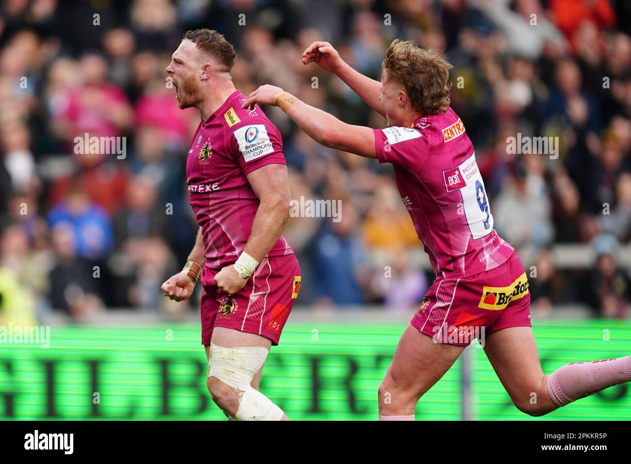 Exeter Chiefs’ Sam Simmonds celebrates after scoring their sides fourth