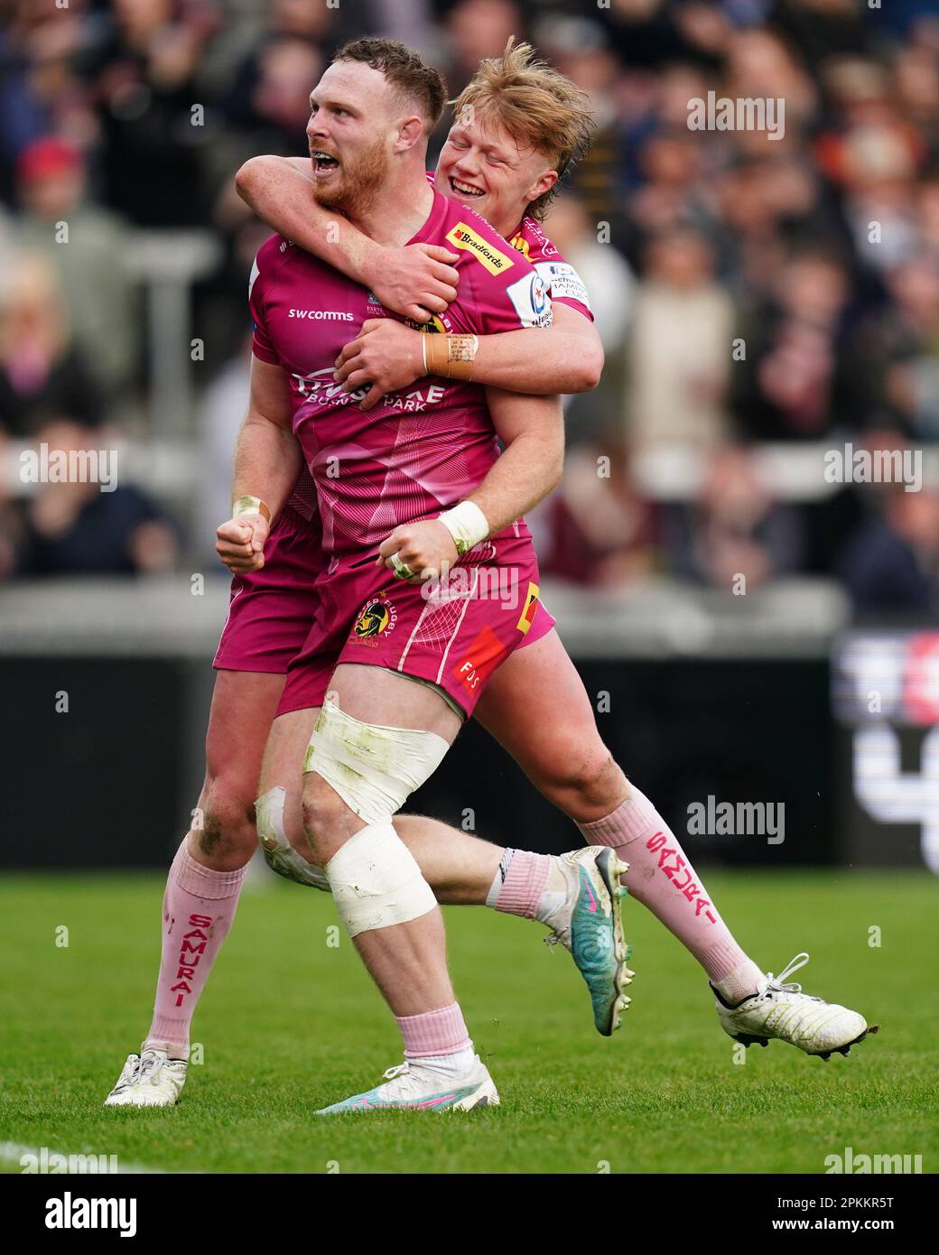 Exeter Chiefs’ Sam Simmonds celebrates after scoring their sides fourth