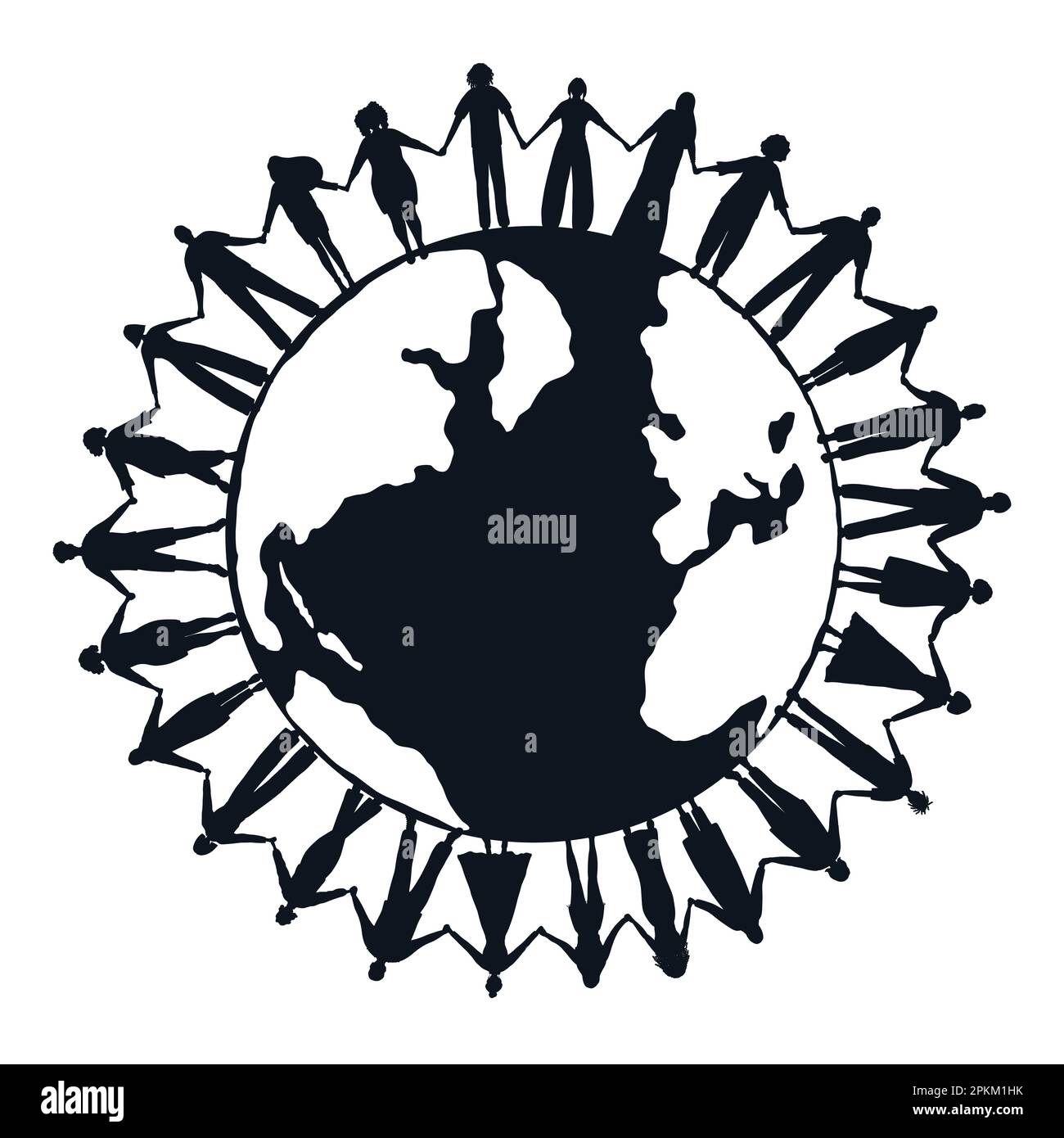 Black silhouettes. large group of people. Men and women are holding hands, stand around the world map. Multicultural group of people. vector Stock Vector