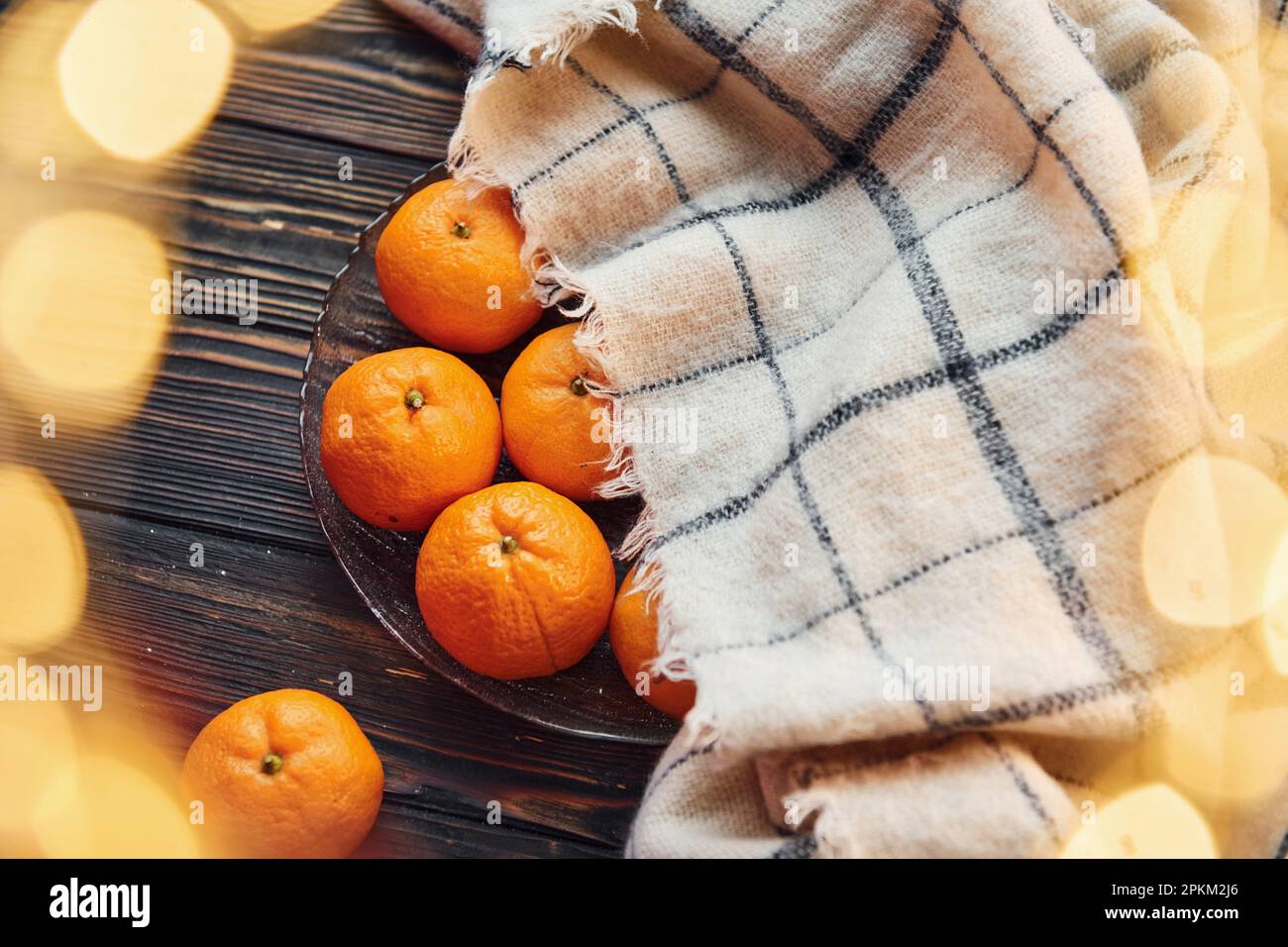 Fresh oranges. Christmas background with holiday decoration. Stock Photo