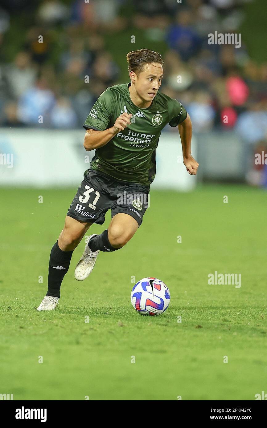 8th April 2023;  Campbelltown Stadium, Sydney, NSW, Australia: A-League Football, Macarthur FC versus Western Sydney Wanderers;  Aidan Simmons of Western Sydney Wanderers runs with the ball into the midfield Stock Photo