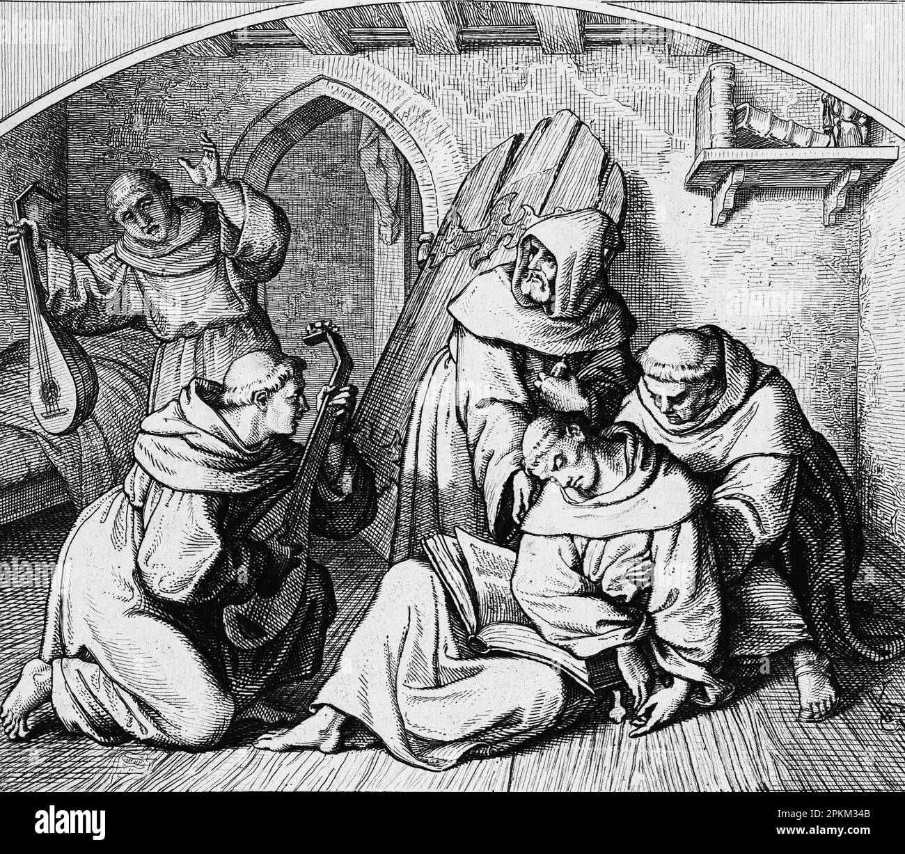 Luther lying in his monastery cell unconciously is put back into life by lute music, historical illustration 1851 Stock Photo