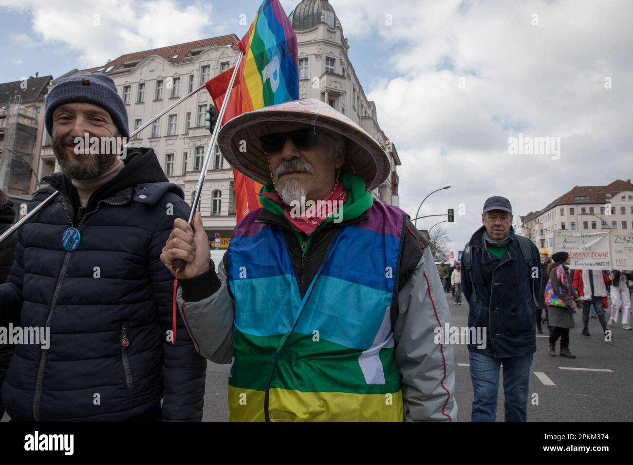 Berlin, Germany: April 8, 2023, At least 1,500 people demonstrated in Berlin on April 8, 2023, during the Easter March for worldwide disarmament and a ceasefire in Ukraine. The organizers reported nearly 2,000 participants, while the police estimated 1,500. Luehr Henken, co-spokesperson for the Federal Peace Council, called for an end to the war in Ukraine as quickly as possible from the speaker's podium. After the opening, the protesters marched through the Wedding district in central Berlin. Credit: ZUMA Press, Inc./Alamy Live News Stock Photo