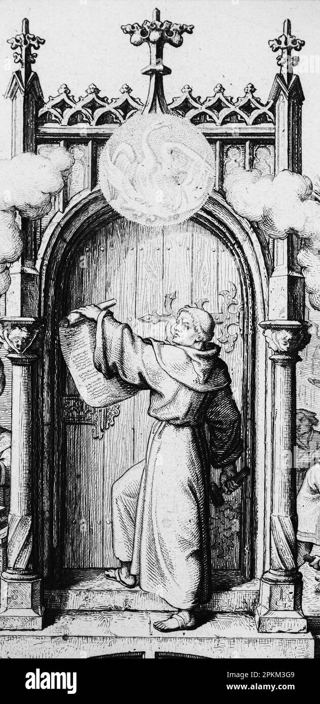 Luther nails his Ninety-five Theses to the door of All Saints' Church in Wittenberg on October 31, 1517, historical illustration 1851 Stock Photo