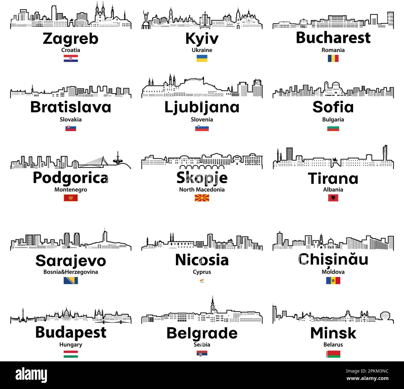 Eastern and Southern Europe cities outline skylines Stock Vector
