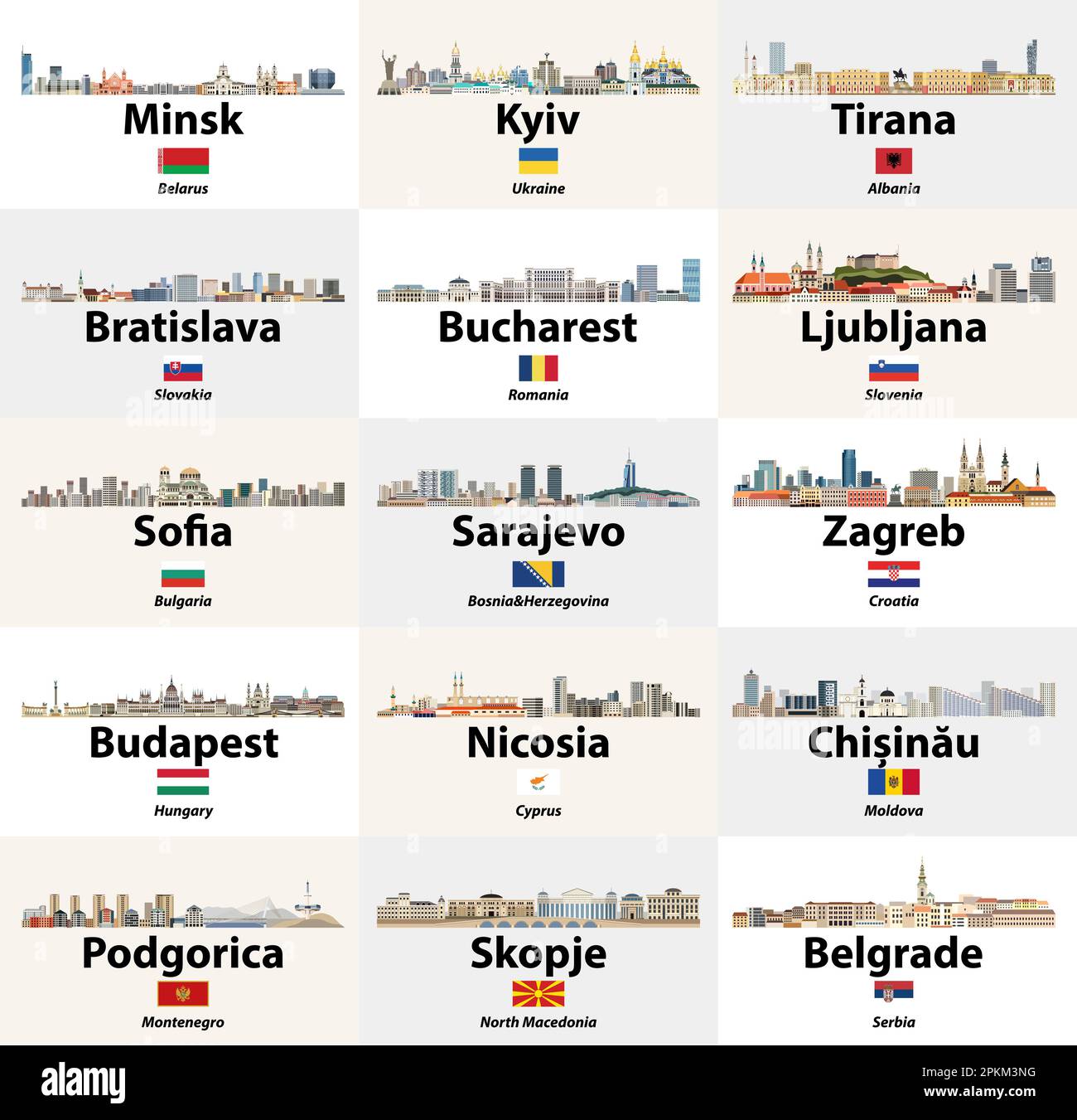 Eastern and Southern Europe cities skylines illustrations with countries flags vector set Stock Vector