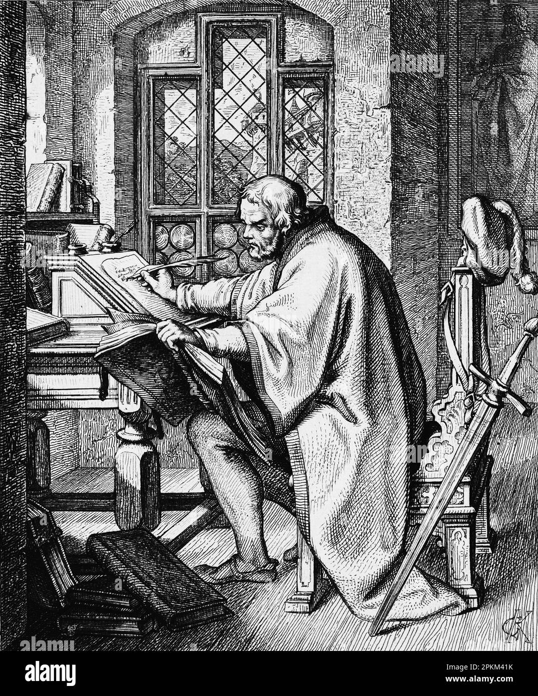 In Castle Wartburg Martin Luther starts translating the New Testament of the  Latin bible into German, historical illustration 1851 Stock Photo
