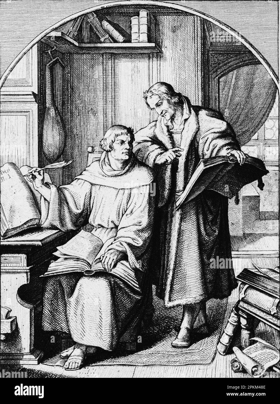 With the help of Philipp Melanchthon Luther proceeds translating the Latin bible 1523-1524, historical illustration 1851 Stock Photo