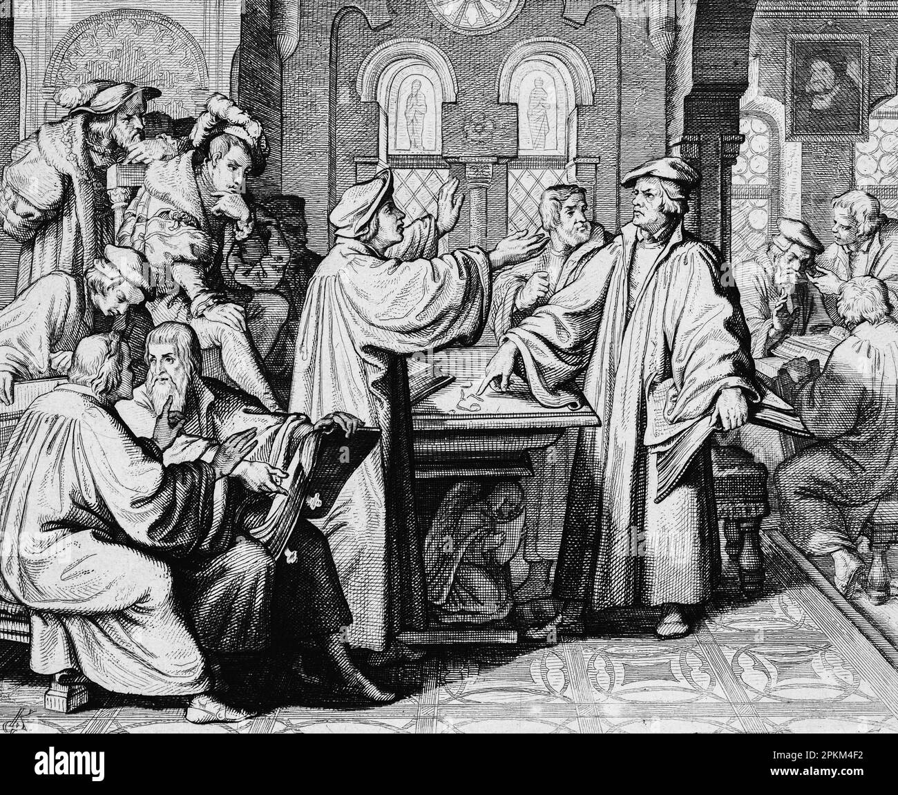 In marburg Castle Martin Luther discussing the sacraments with Zwingli, historical illustration 1851 Stock Photo