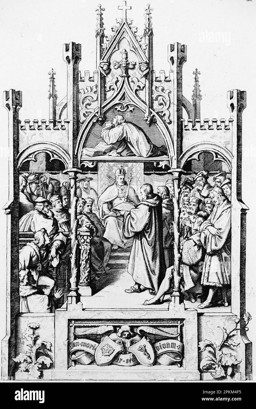 Martin Luther receiving the Augsburg confession or Augustan Confession from the bishop of Augsburg in 1530, historical illustration 1851 Stock Photo