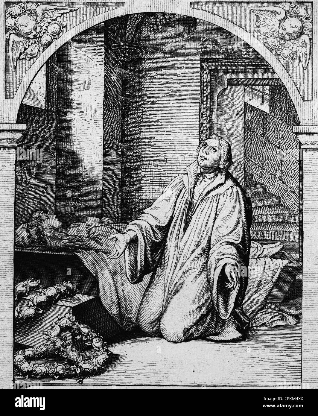 martin Luther kneeling beside  the coffin of his thirteen-year-old daughter Magdalene,  historical illustration 1851 Stock Photo