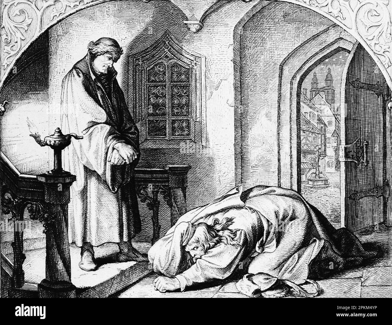 Martin Luther meets the desperate Kohlhase, historical illustration 1851 Stock Photo