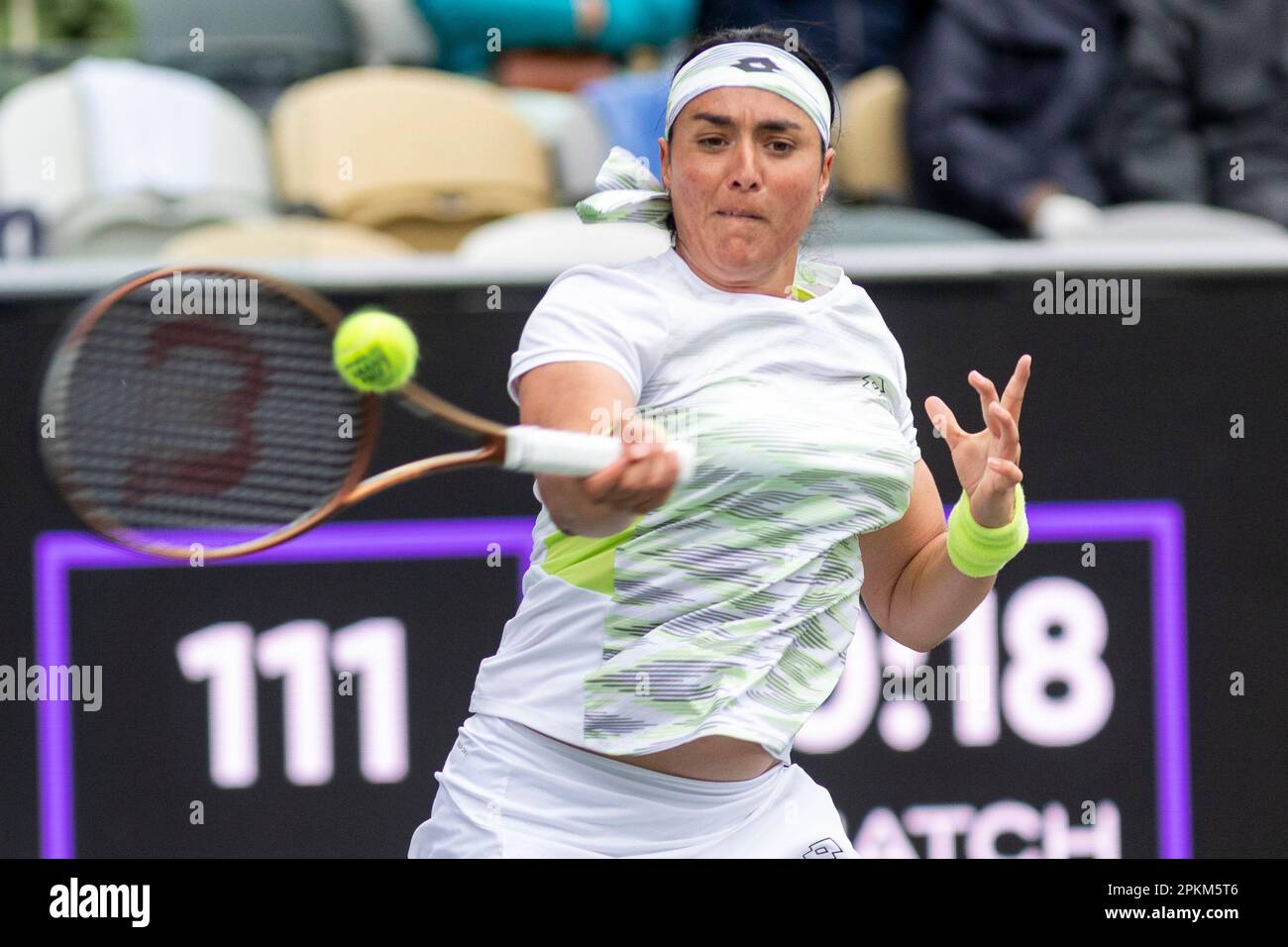 Ons Jabeur, of Tunisia, returns a shot to Daria Kasatkina, of Russia, during a semifinal game at the Charleston Open tennis tournament in Charleston, S.C., Saturday, April 8, 2023