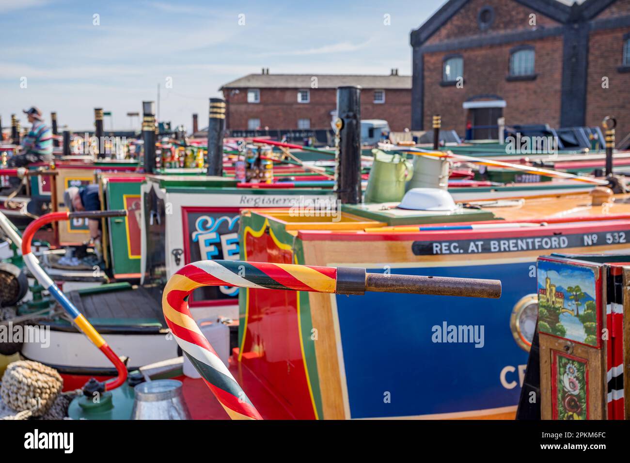 Beautifully painted tiller on the back of a narrow boat Ellesmere Port basin seen during the