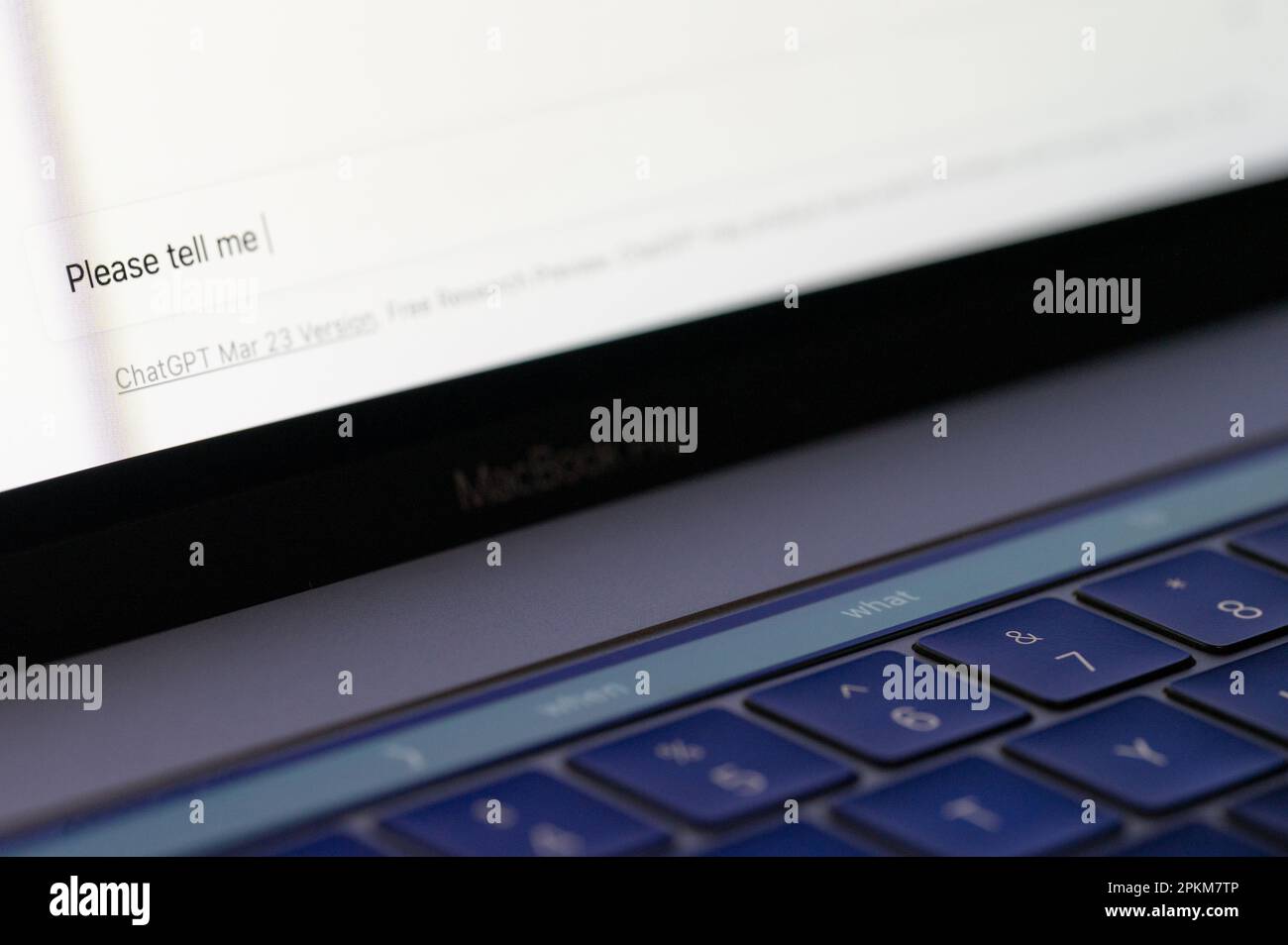 New york, USA - April 7, 2023: Chatting with ChatGPT OpenAI menu  on laptop  screen close up view Stock Photo