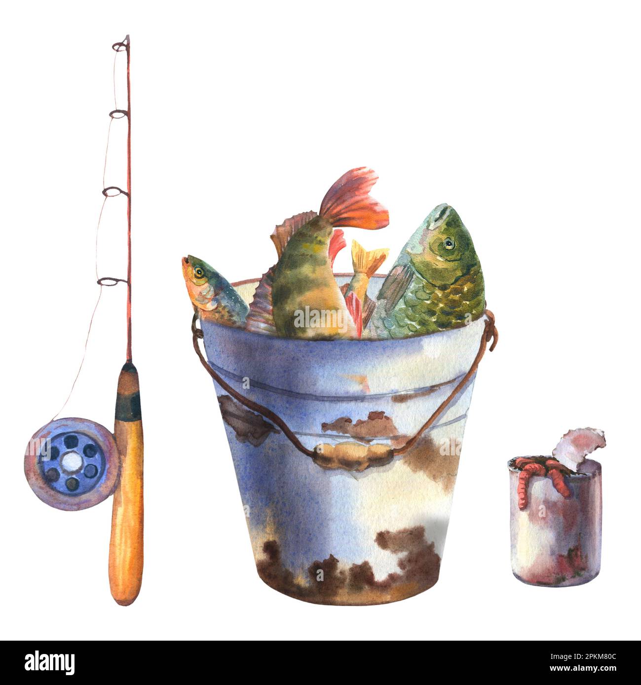 Watercolor hand drawing illustration, set of iron rustic bucket with fish,  fishing rod, rusty tin can with worms. Fishing watercolor composition, isol  Stock Photo - Alamy