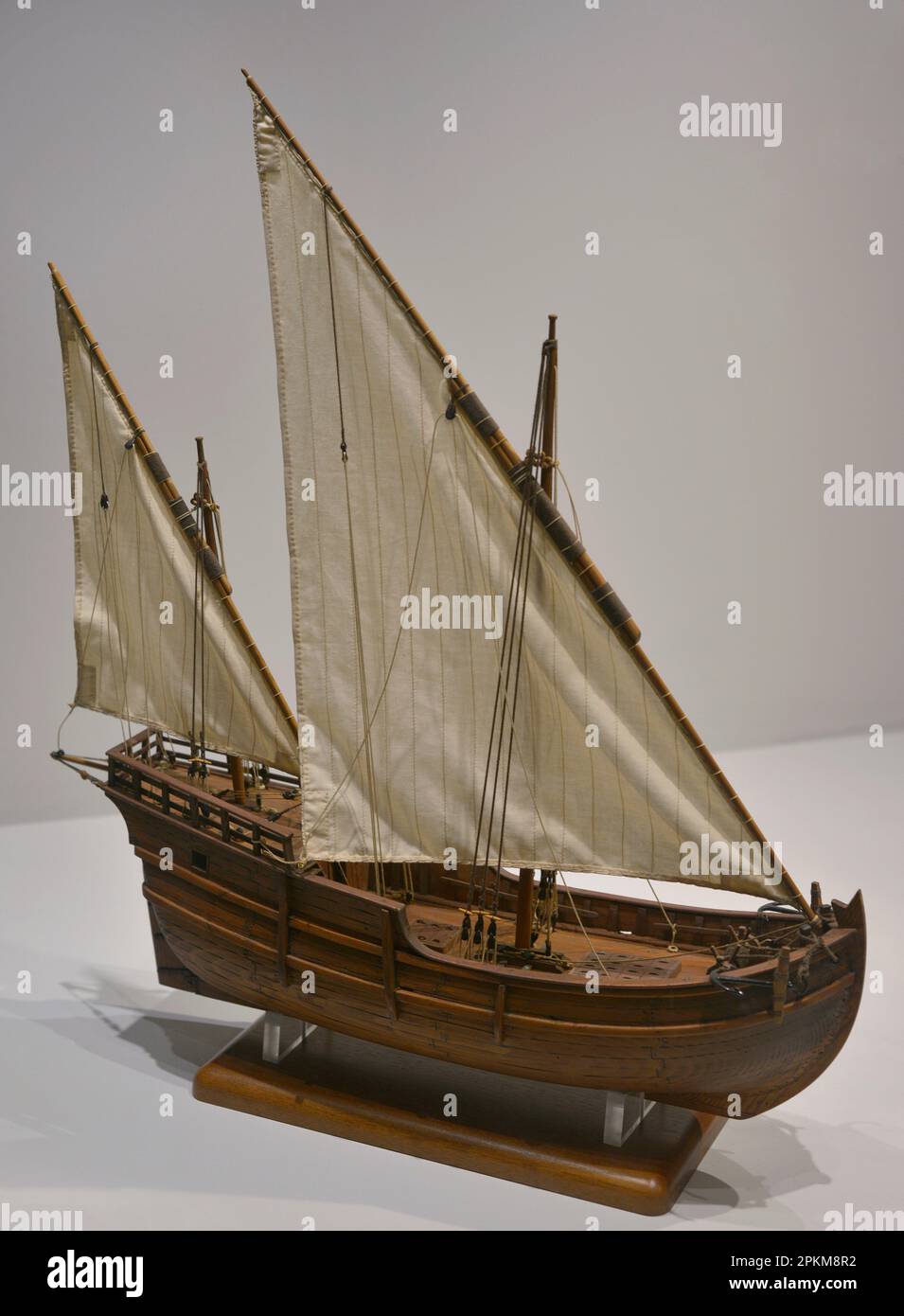 Two-masted lateen rigged caravel. It was the most common type of ship used in maritime exploration from 1440 until the end of the 15th century. Model. Maritime Museum. Lisbon, Portugal. Stock Photo
