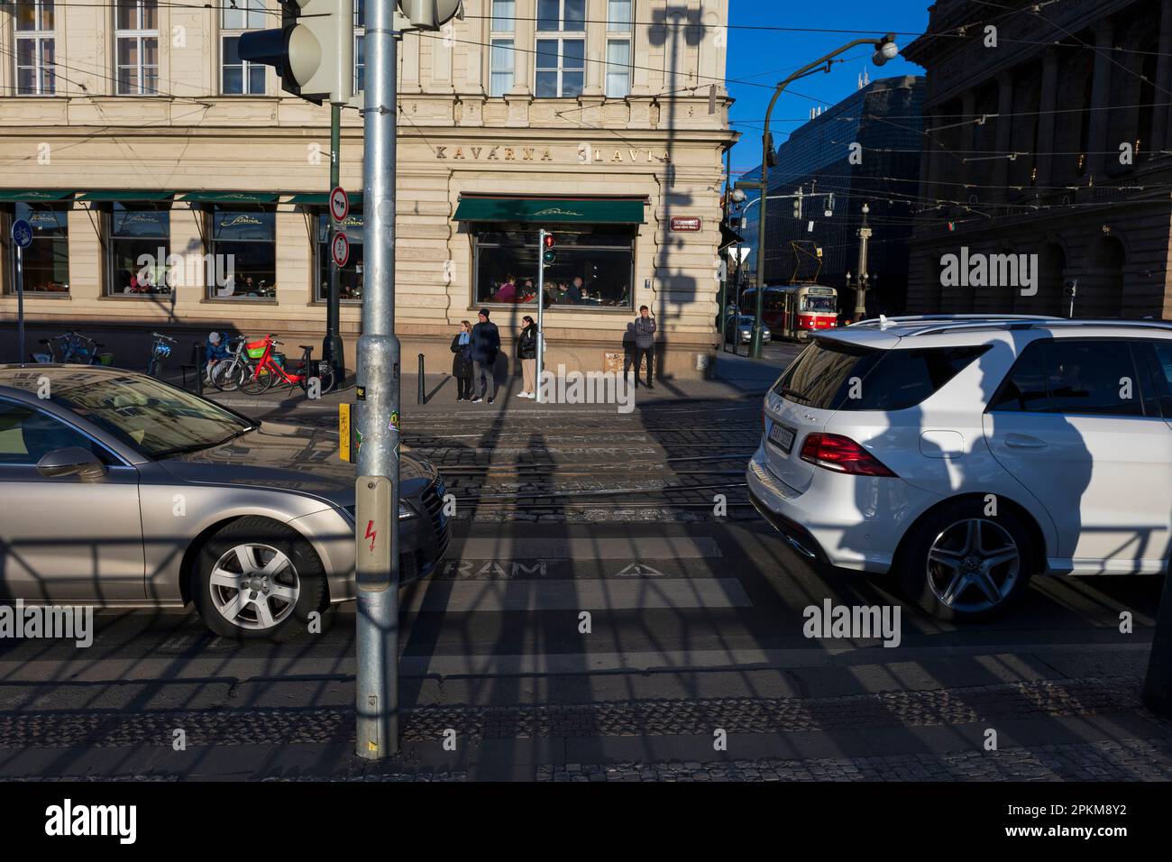 Prague, Czech Republic - April 4, 2023: Road and pedestrial crossing