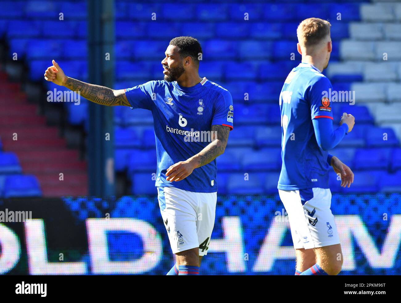 during the Vanarama National League match between Oldham Athletic and  Altrincham at Boundary Park, Oldham on Friday 7th April 2023. (Photo: Eddie  Garvey