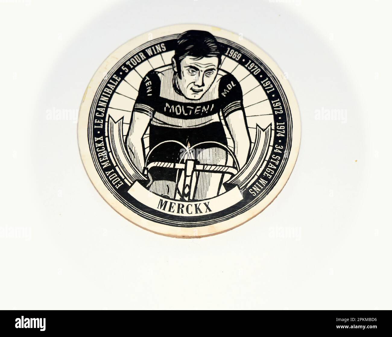 Tour de France commemorative black and white coaster depicting Eddy Merckx, Tour winner and Stage winner. Stock Photo