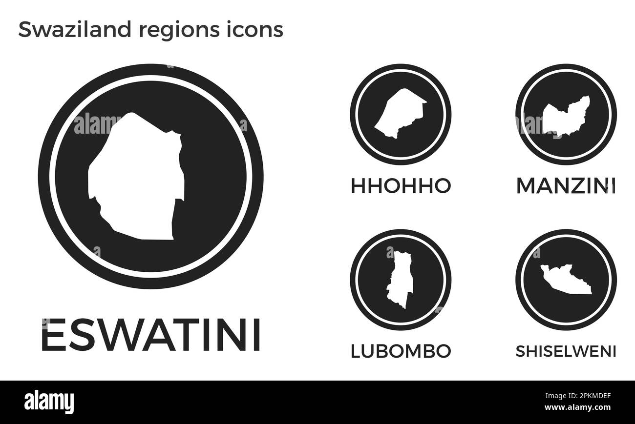 Swaziland regions icons. Black round logos with country regions maps and titles. Vector illustration. Stock Vector