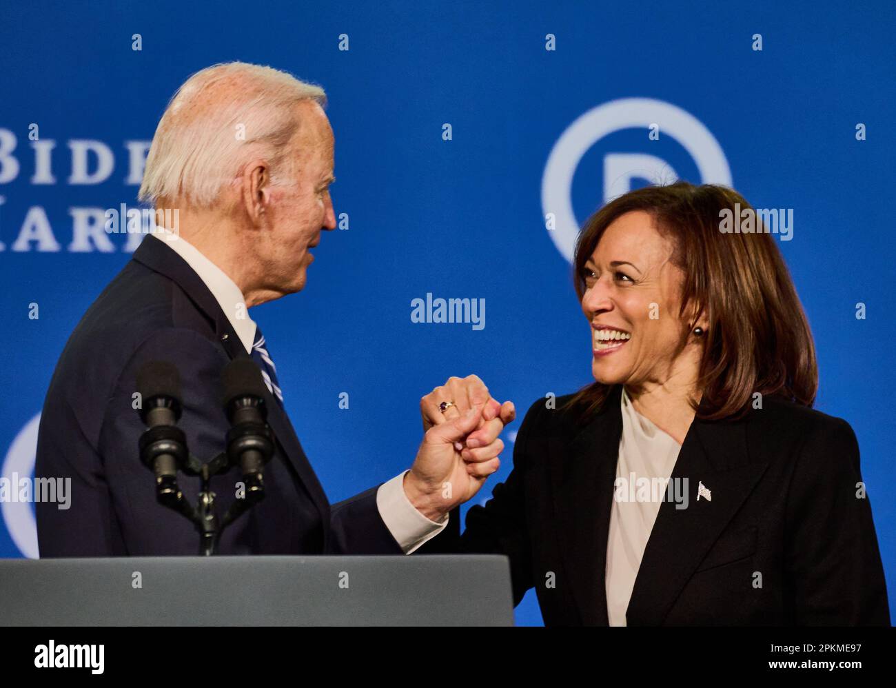 PHILADELPHIA, PA, USA - FEBRUARY 3, 2023: President Joe Biden and Vice President Kamala Harris embrace each other at the DNC Winter Meeting. Stock Photo