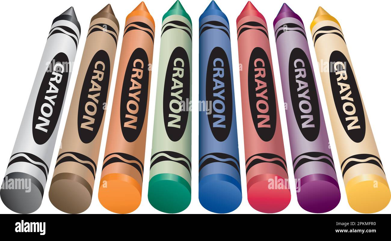 Crayons, AI 8.0; full color lifelike shading In perspective, seen from bottom. Isolated vector art may be moved, edited, repositioned individually. Stock Vector