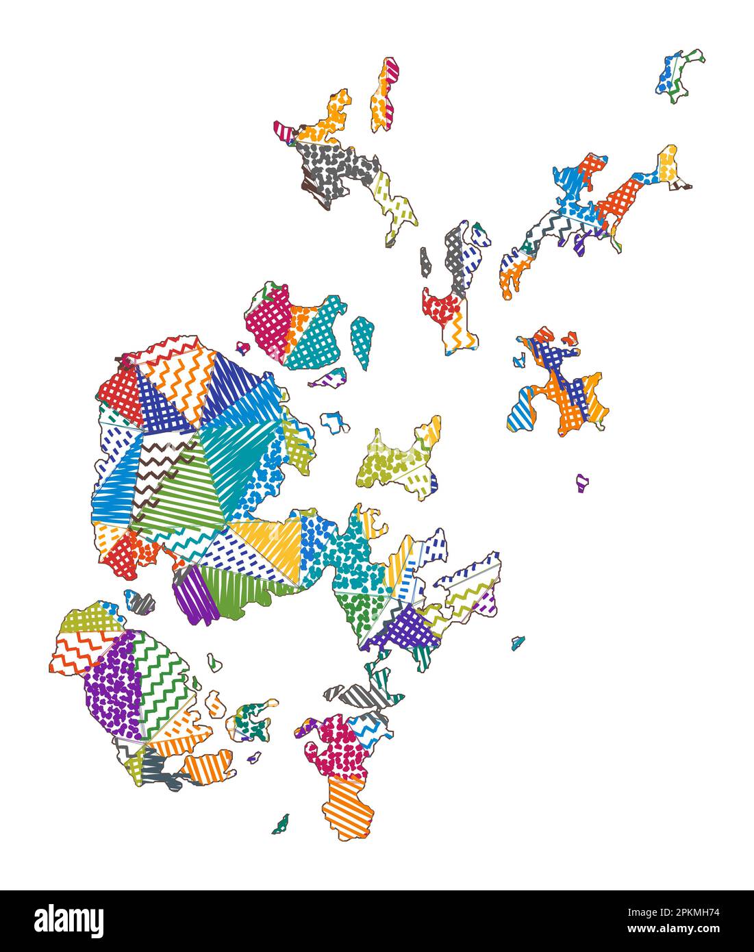 Kid style map of Orkney Islands. Hand drawn polygons in the shape of Orkney Islands. Vector illustration. Stock Vector