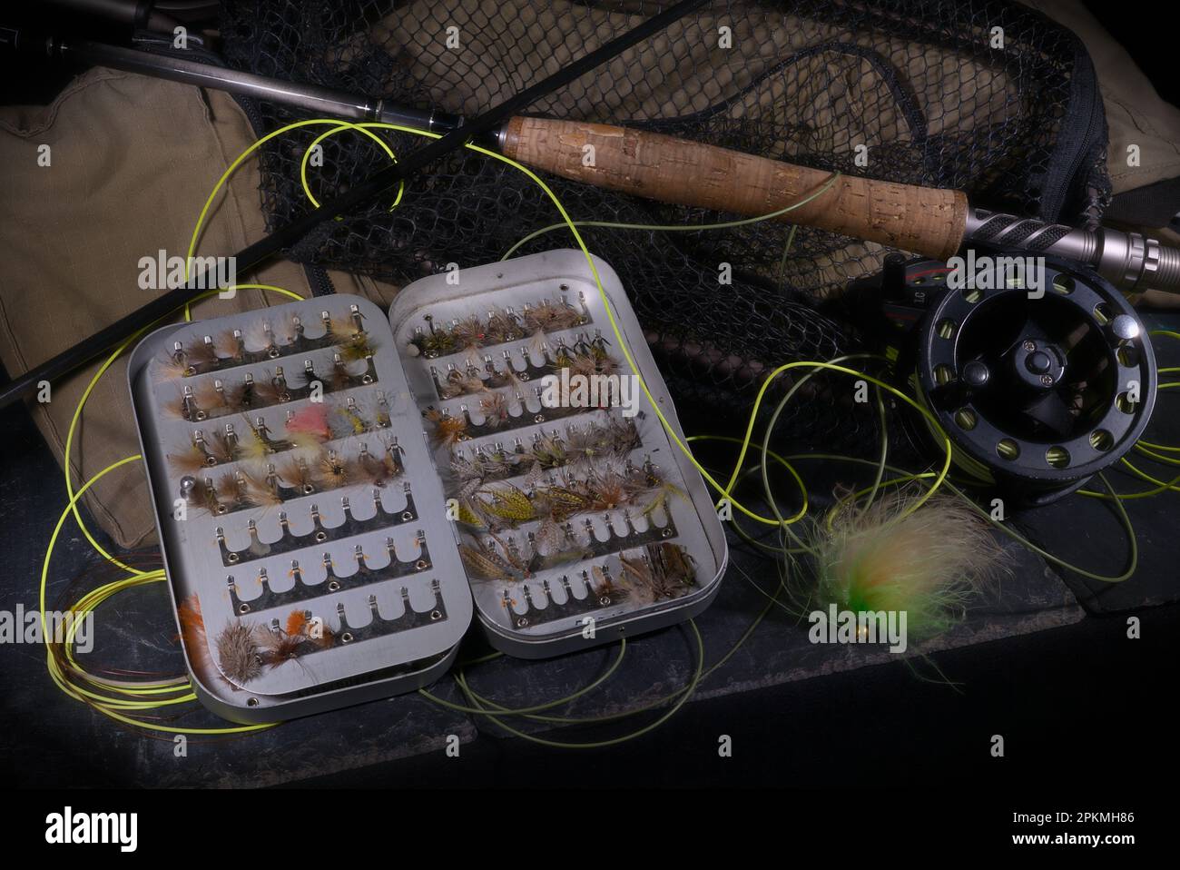 Fly fishing, rod, fly box and accessories Stock Photo Alamy