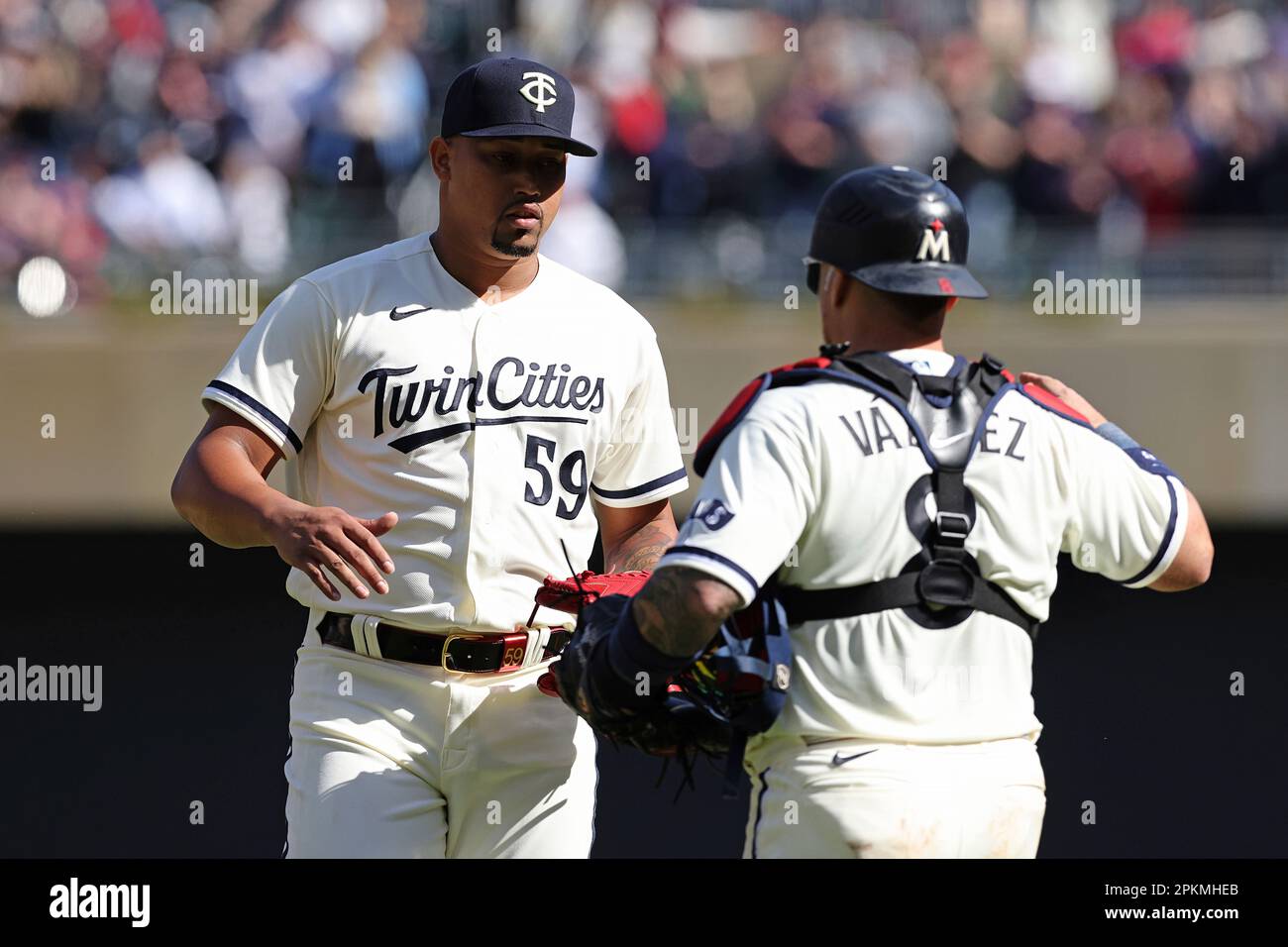 Minnesota Twins relief pitcher Jhoan Duran (59) celebrates with catcher  Christian Vazquez (8) after defeating the Houston Astros 9-6 in a baseball  game, Saturday, April 8, 2023, in Minneapolis. (AP Photo/Stacy Bengs Stock  Photo - Alamy