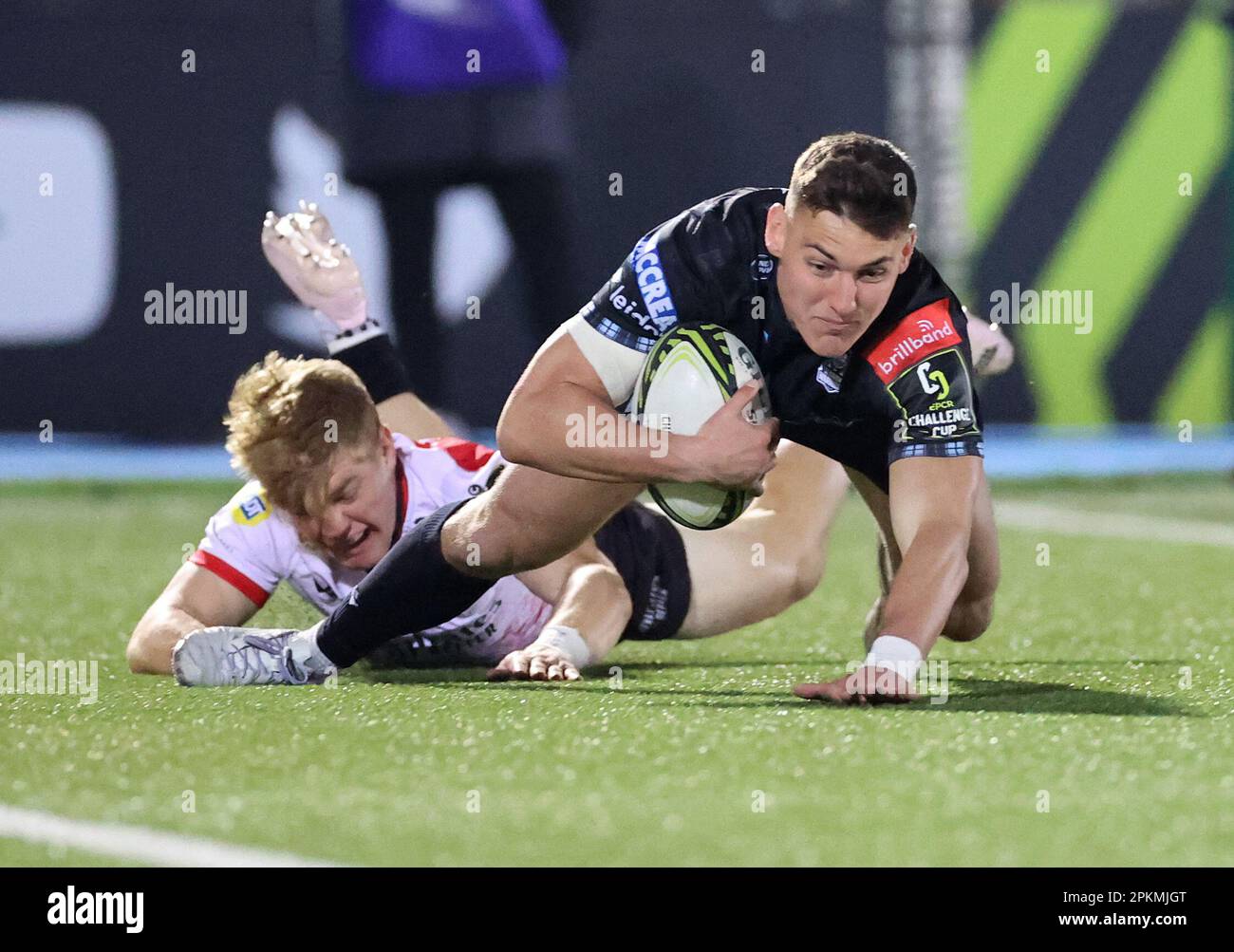Glasgow Warriors' Tom Jordan scores their side's fourth try during the