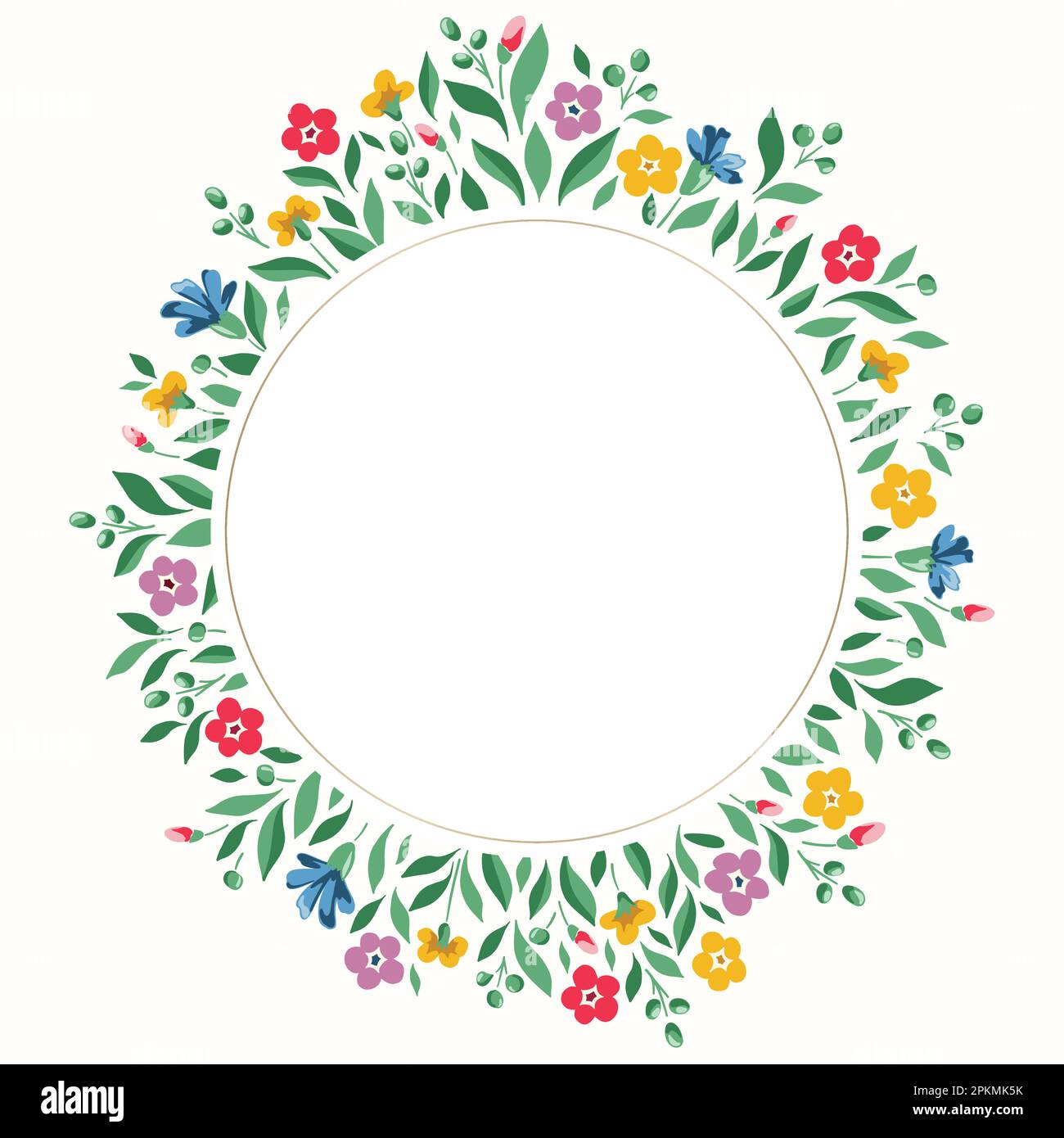 Bright Chintz Romantic Meadow Wildflowers Vector Round Frame Stock Vector