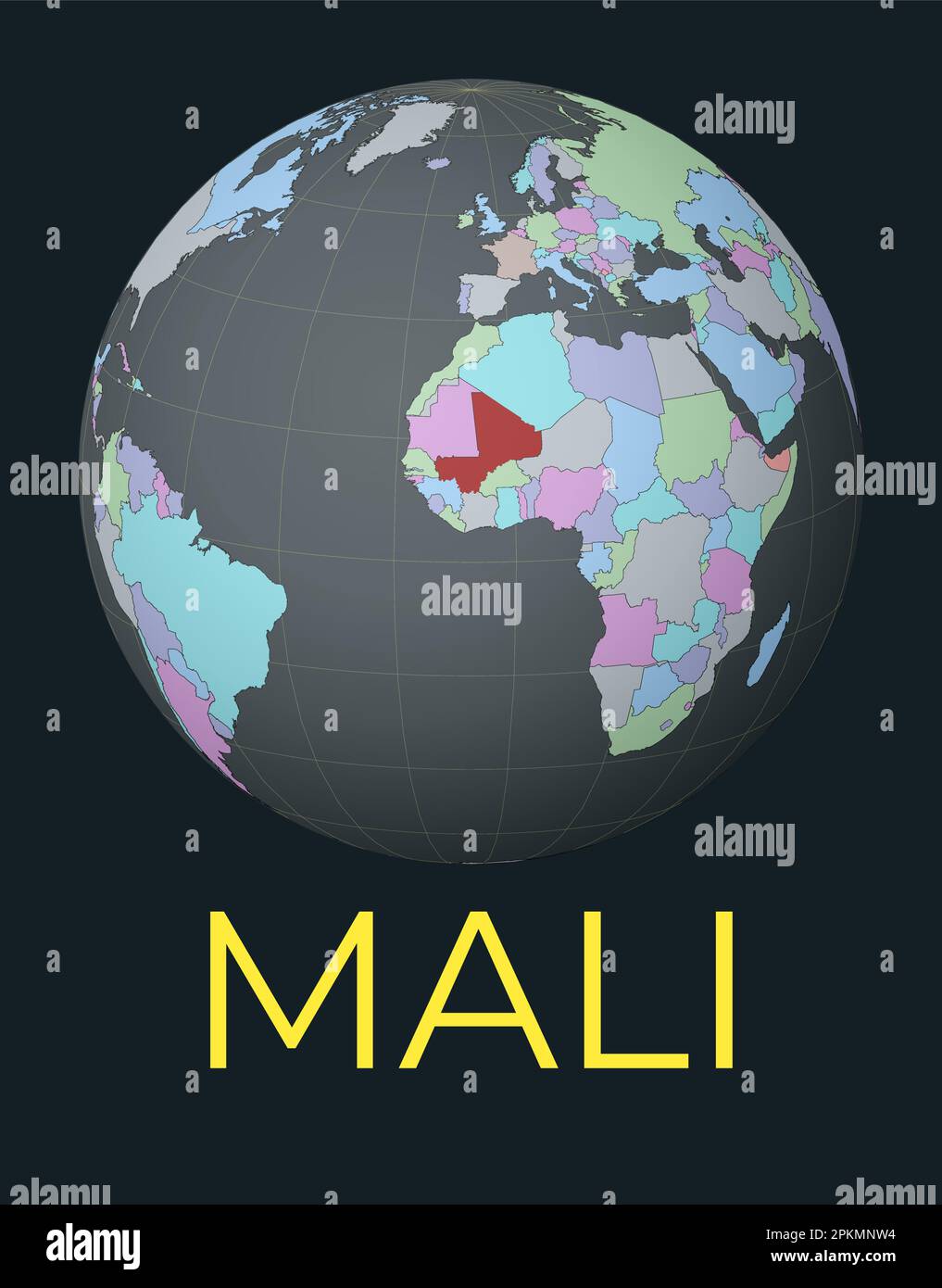 World map centered to Mali. Red country highlighted. Satellite world view centered to country