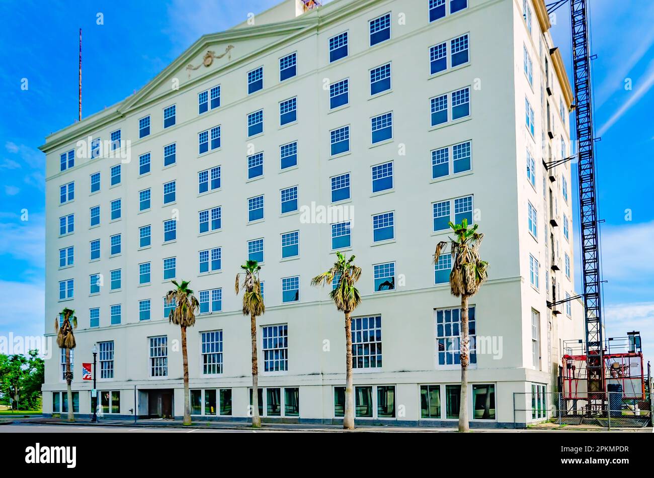 The old Markham Hotel is pictured, April 2, 2023, in Gulfport, Mississippi. The building was constructed in 1927 in the Tudor architectural style. Stock Photo