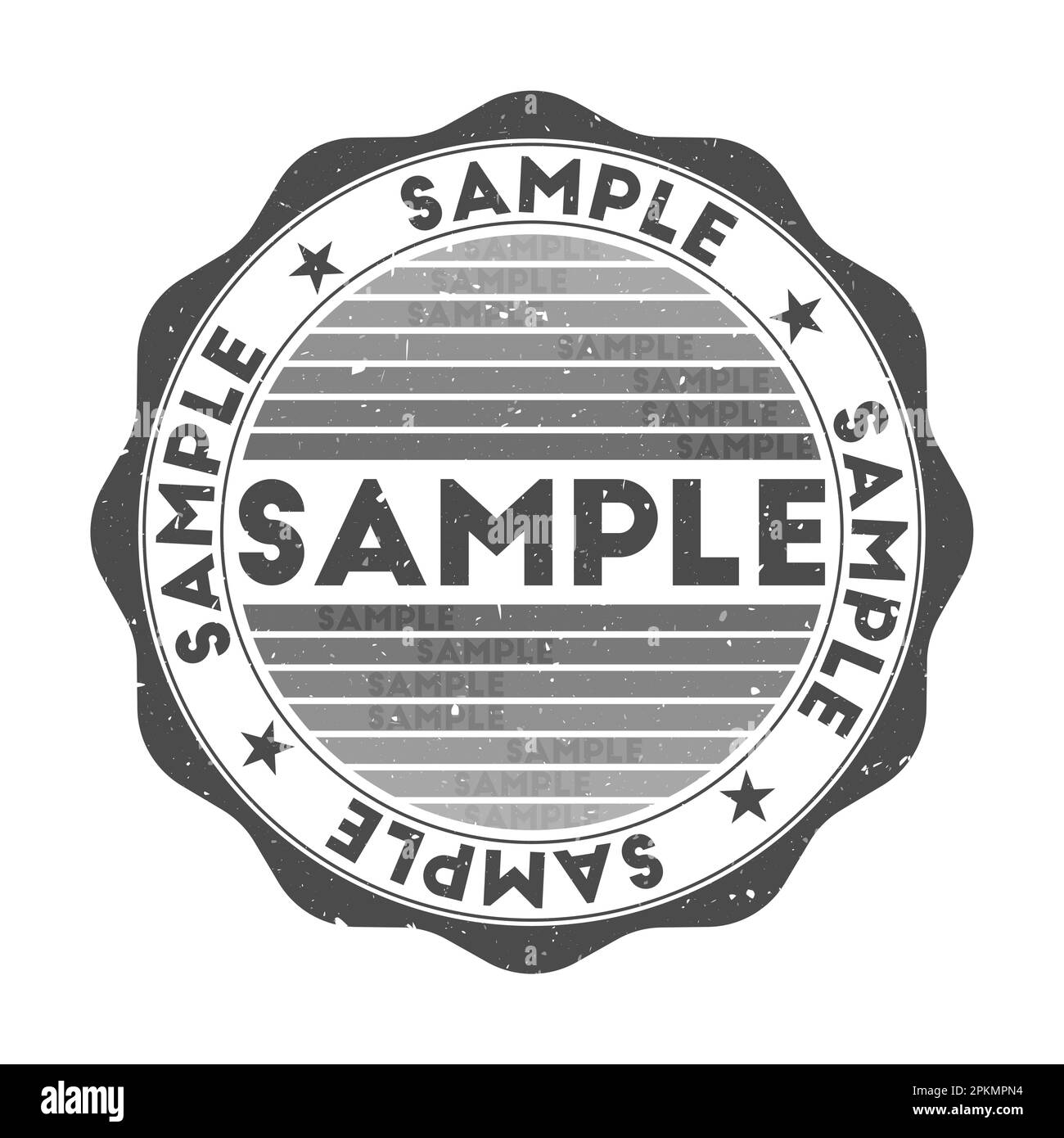 Sample badge. Grunge word round stamp with texture in Shady Character color theme. Vintage style geometric sample seal with gradient stripes. Modern v Stock Vector