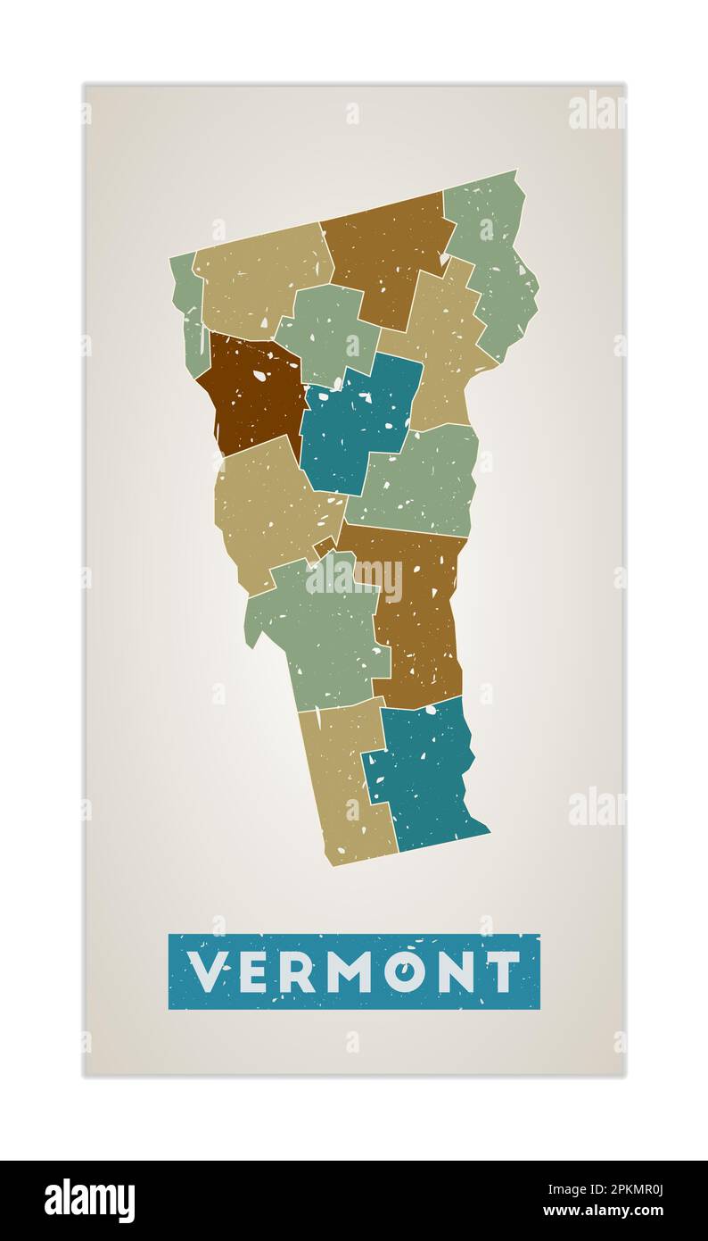 Vermont map. Us state poster with regions. Old grunge texture. Shape of ...