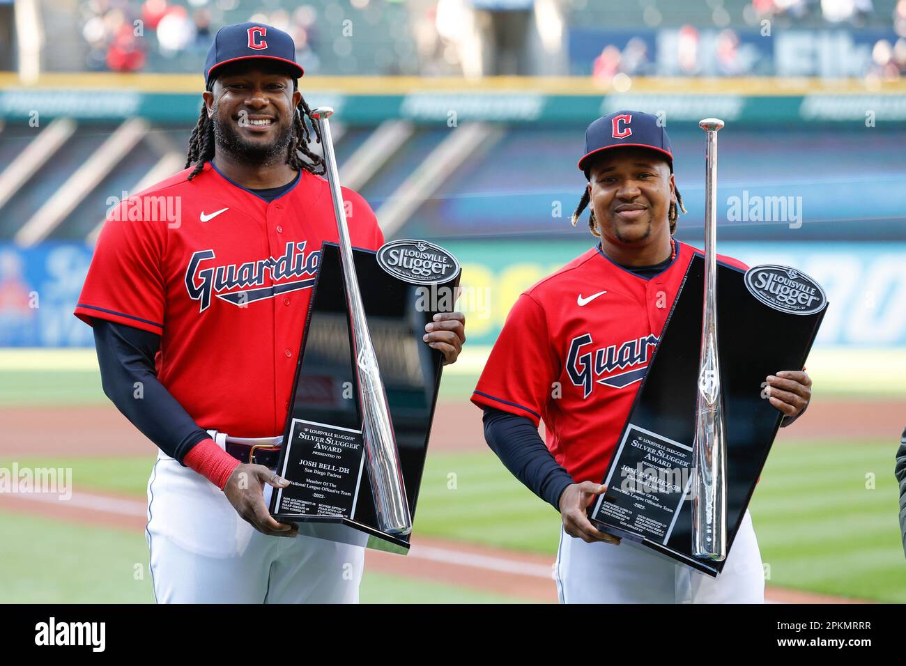 Cleveland Guardians' Josh Bell, left, and Jose Ramirez pose after receiving  their Silver Slugger Awards before a baseball game against the Seattle  Mariners, Saturday, April 8, 2023, in Cleveland. (AP Photo/Ron Schwane