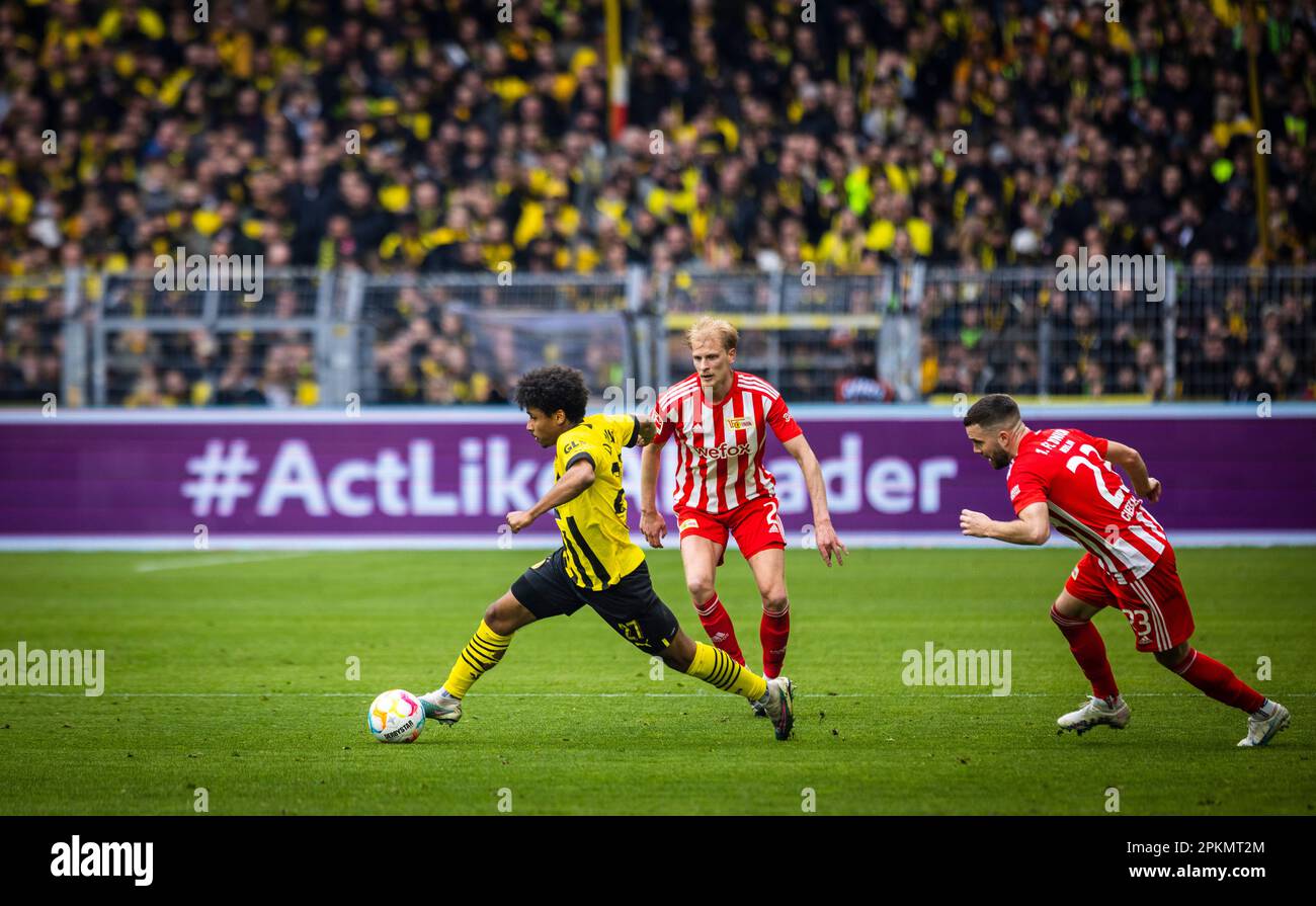 Dortmund, Germany. 8th Apr, 2023.  Karim Adeyemi (BVB), Union's Morten Thorsby, Union’s Niko Giesselmann Borussia Dortmund - Union Berlin 08.04.2023 Stock Photo