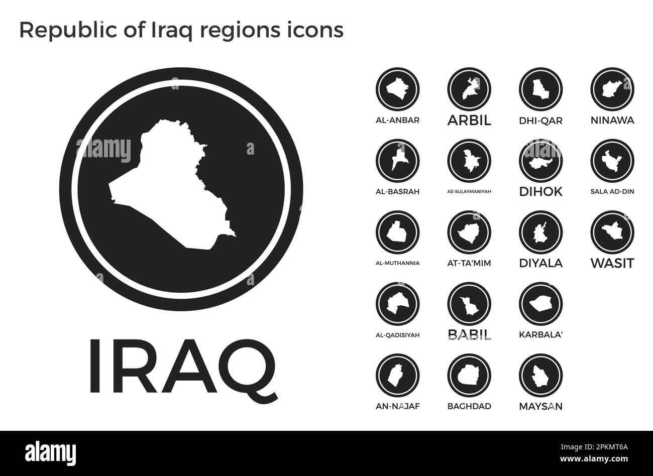 Republic of Iraq regions icons. Black round logos with country regions