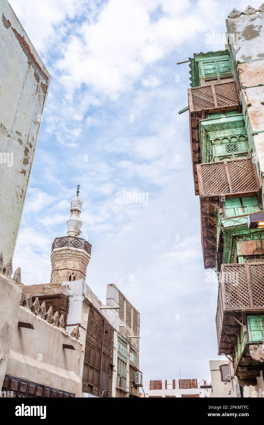Al-Balad old town with traditional muslim houses and mosque, Jeddah, Saudi Arabia Stock Photo