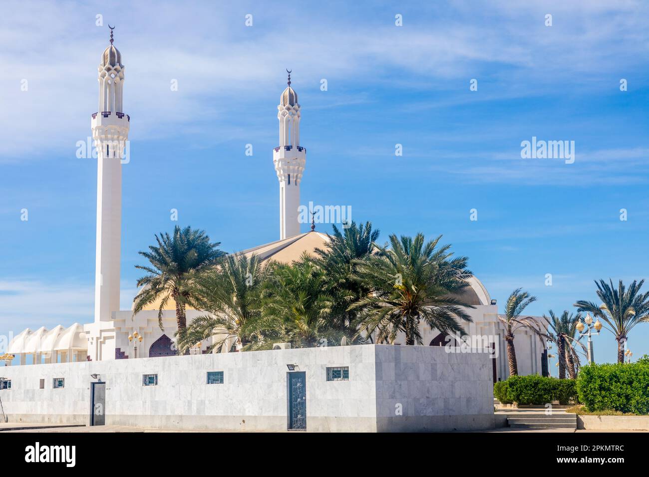 Hassan Enany golden domed mosque with palms in foreground, Jeddah, Saudi Arabia Stock Photo