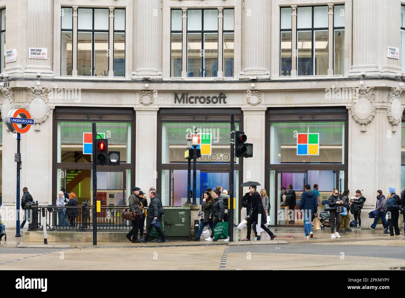 London, UK - March 17, 2023; Microsoft store facade in Oxford Circus London on wet day Stock Photo