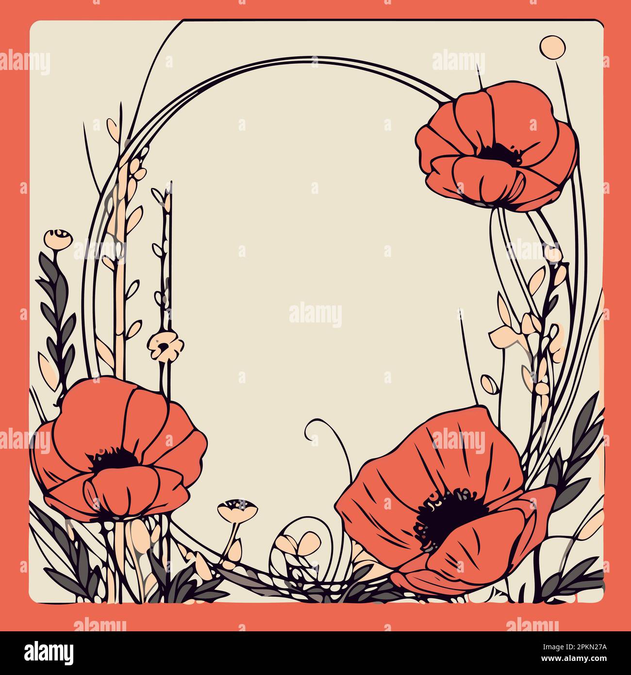 frame with red poppy flowers minimalist vector illustration Stock ...