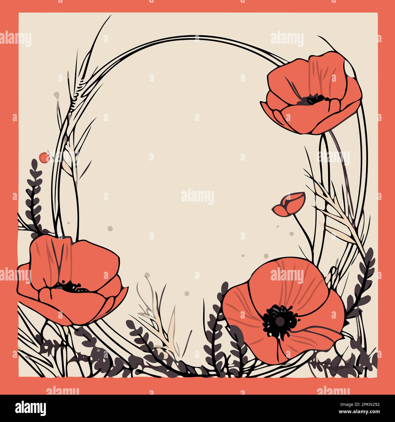 frame with red poppy flowers minimalist vector illustration Stock ...