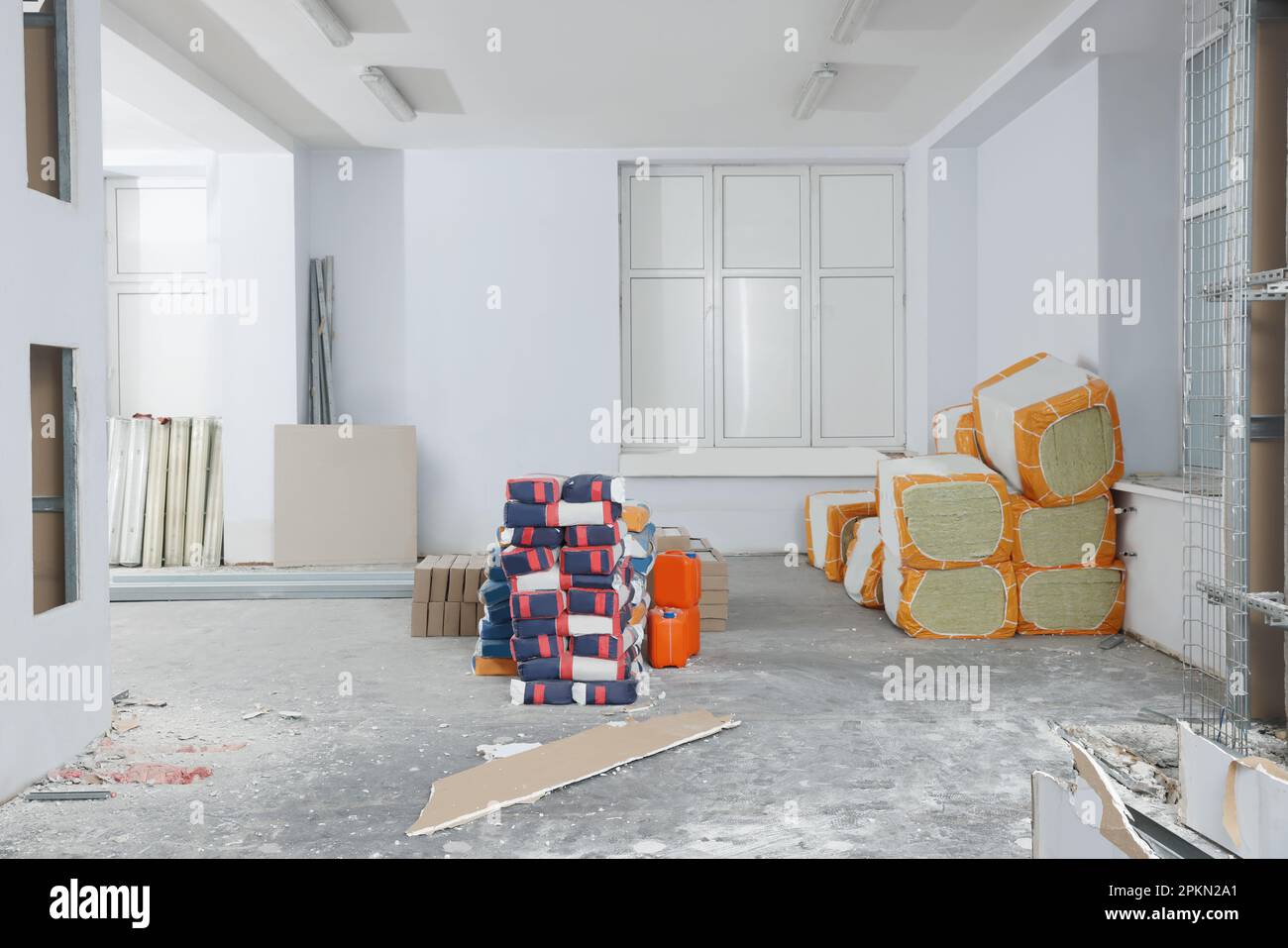 Building materials in room prepared for renovation Stock Photo Alamy